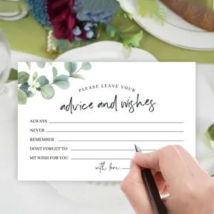 Wedding advice and wishes card with eucalyptus greenery design for reception party tables.