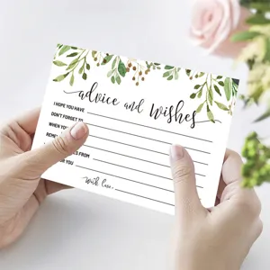 Wedding advice and wishes card with watercolor green leaves design, blank fillable lines.