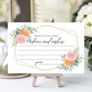 Floral advice and wishes card detail, watercolor rose design on easel, perfect for weddings.