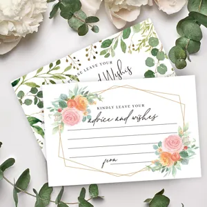 Floral wedding advice cards with watercolor floral design for party tables and guest wishes.