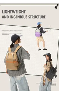 Grand sac à dos décontracté en toile avec multi-poches et design élégant aux couleurs contrastées.