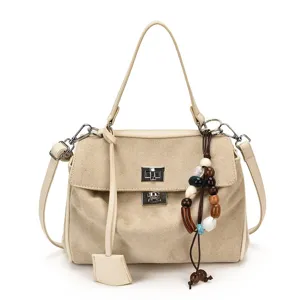 Beige Wildleder Handtasche für Damen, schicke Pendler Umhängetasche mit Schloss und Perlen.