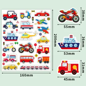 Kids cartoon vehicle stickers set, waterproof DIY decals for notebooks and water cups.