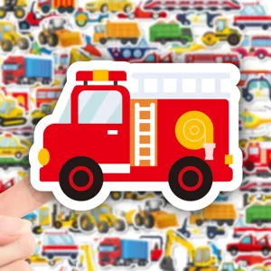 Cartoon fire truck sticker detail, cute vehicle sticker for kids laptop water bottle decoration.