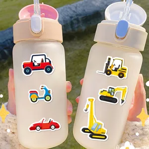 Kids cute cartoon vehicle stickers frosted plastic water bottle with straw and flip top detail.
