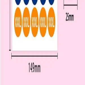 Colorful garment clothing size label sticker detail showing XXXL and clear product dimensions.