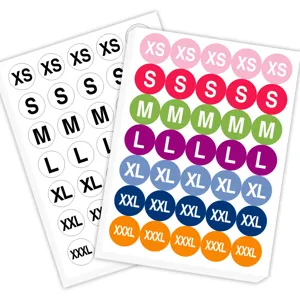 Colorful clothing size labels XS to XXXL round stickers for apparel and shoes sorting