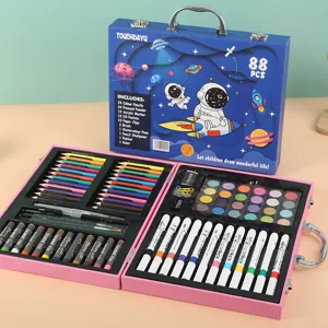Set de dessin enfant 88 pièces avec crayons de couleur marqueurs pastels dans coffret rose