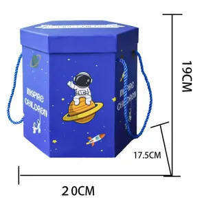 Zeshoekige briefpapier geschenkdoos met ruimtethema voor kinderen, blauwe opbergdoos met handvat, 20cm