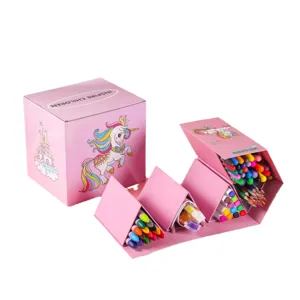 Roze eenhoorn opvouwbare tekenset met kleurpotloden en viltstiften cadeau voor kinderen.