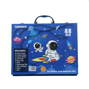 Valise de kit de dessin astronaute enfants 88 pièces avec outils colorés détail.