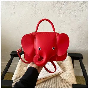 Red elephant shaped creative handbag detail shot, cute animal crossbody bag for women.