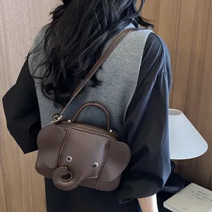 Cute brown elephant shaped shoulder bag women PU leather crossbody handbag creative design