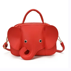 Red cartoon elephant handbag for women, cute crossbody shoulder bag with zipper closure.