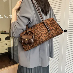 Women Vintage Casual PU Suede Underarm Bag Stitching Leopard Shoulder Bag High Capacity Hobo Bag With Mini Pouch Pendant