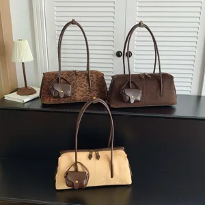 Women suede shoulder bag retro leopard print tote bag casual chic handbag with mini pouch
