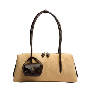 Stylish casual suede shoulder bag for women, chic khaki design with dark brown handles.
