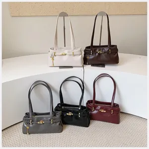 Retro Damen Umhängetasche Schultertasche, elegante PU Leder Handtasche mit Schloss Detail.