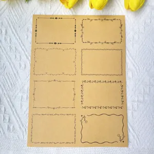 Vue détaillée d'une feuille d'autocollants kraft marron avec huit bordures noires minimalistes.