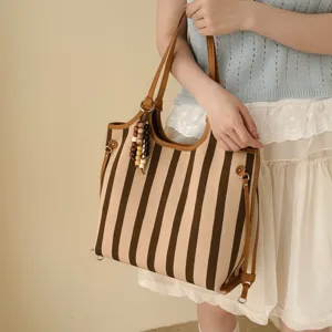 Borsa tote a righe in tela da donna grande capacità borsa a spalla casual elegante borsa