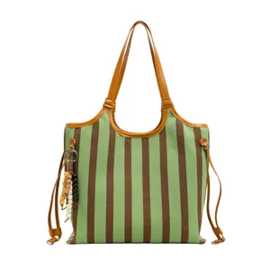 Borsa tote in tela a righe verde e marrone grande capacita borsa a spalla casual donna