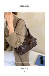 Korean style vintage brown leather hobo shoulder bag with multiple pockets for commute.