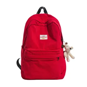 Roter Canvas Rucksack für Damen Freizeit Schule Buch Tasche mit süßem Hund Anhänger
