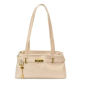 Beige Vintage Umhängetasche für Damen, klassische PU-Leder Achseltasche mit goldenen Beschlägen.