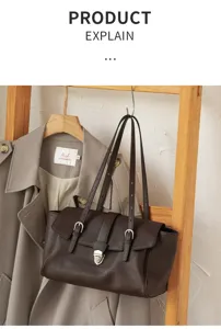 Vintage brown leather shoulder bag for women, soft commute tote bag with adjustable straps.