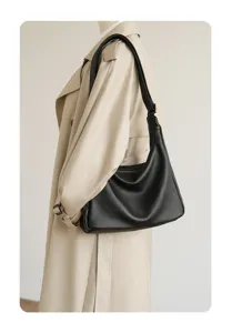 Black commuter large capacity shoulder tote bag, stylish slouchy hobo design for daily use.