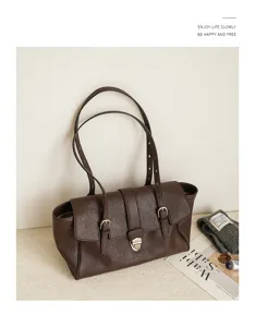 Vintage brown leather shoulder bag, stylish casual tote with adjustable straps for women.
