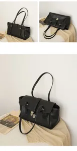Classic black leather shoulder bag with metal lock buckle, vintage underarm commuting tote.