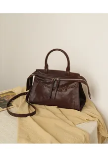 Retro distressed brown genuine leather handbag, large capacity woven shoulder crossbody bag.