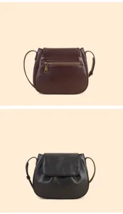 Detailed view of women leather saddle bag, stylish crossbody design, premium texture.