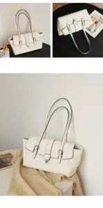 Retro soft leather shoulder bag detail, stylish women commuting tote with double straps.