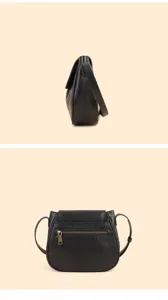 Black leather crossbody saddle bag detail showing side and back zipper pocket construction.