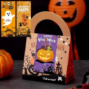Caja de regalo de Halloween y pegatinas rectangulares con diseños de calabazas y fantasmas.