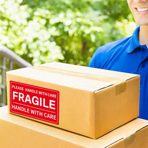 Etichetta adesiva di avvertimento fragile per spedizioni, colore rosso e bianco per pacchi.