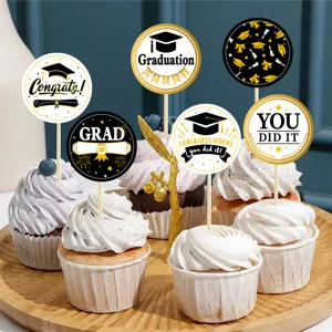 Graduation cupcake toppers round paper picks black gold party dessert decor