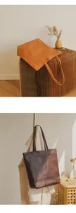 Close-up detail of vintage leather tote bag, minimalist style women shoulder handbag.