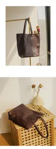 Vintage genuine cowhide tote bag for women, large capacity single shoulder commuting handbag.