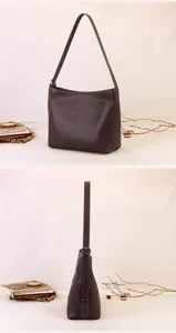 Dark brown soft leather hobo shoulder bag detail view, minimalist large capacity casual style.