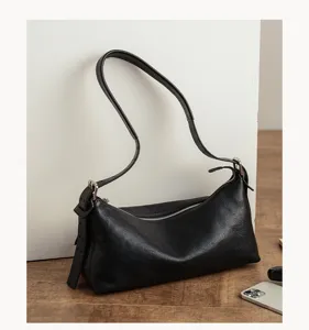 Black leather hobo shoulder bag vintage underarm purse minimalist fashion daily handbag