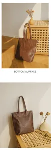 Genuine leather vintage tote bag detail view, brown minimalist large capacity women shoulder bag.