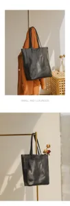 Vintage genuine leather tote bag for women, large capacity minimalist shoulder commuting bag.