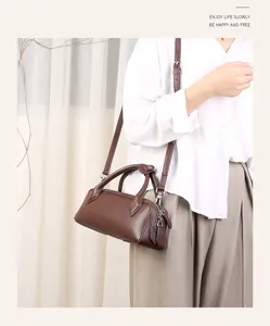 Leather Boston bag for women, stylish brown mini shoulder bag, casual everyday handbag.