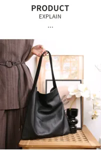 Classic black leather hobo shoulder bag, large capacity vintage tote for women commuting.