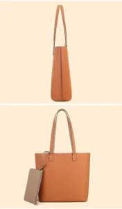 Premium genuine leather tote bag with small pouch, large capacity minimalist shoulder bag.
