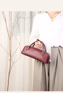 Genuine leather boston bag, niche design handbag for women, mini commuting shoulder bag.