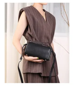 Genuine leather mini pillow bag, casual commuter cylinder crossbody shoulder bag for women daily style.